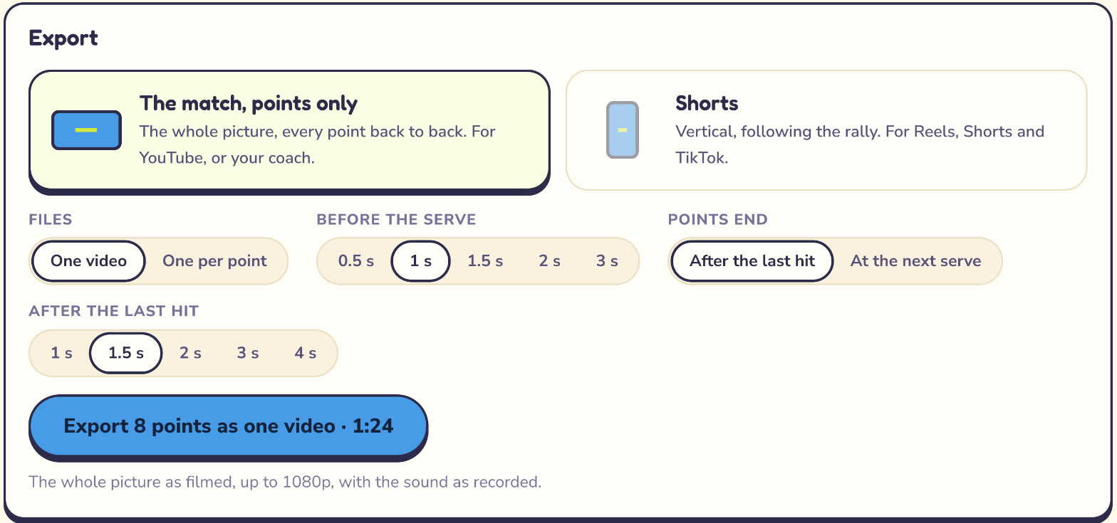 Tennis Camera App's export choices: whole match or one file per point, wide or vertical