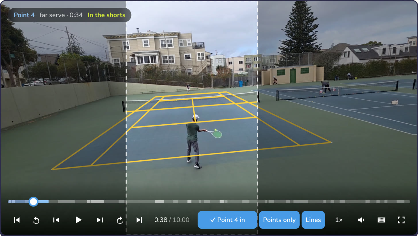 Tennis Camera App's player on point 4: yellow court lines over the court, and a dashed vertical window over the near player with the rest of the picture dimmed.