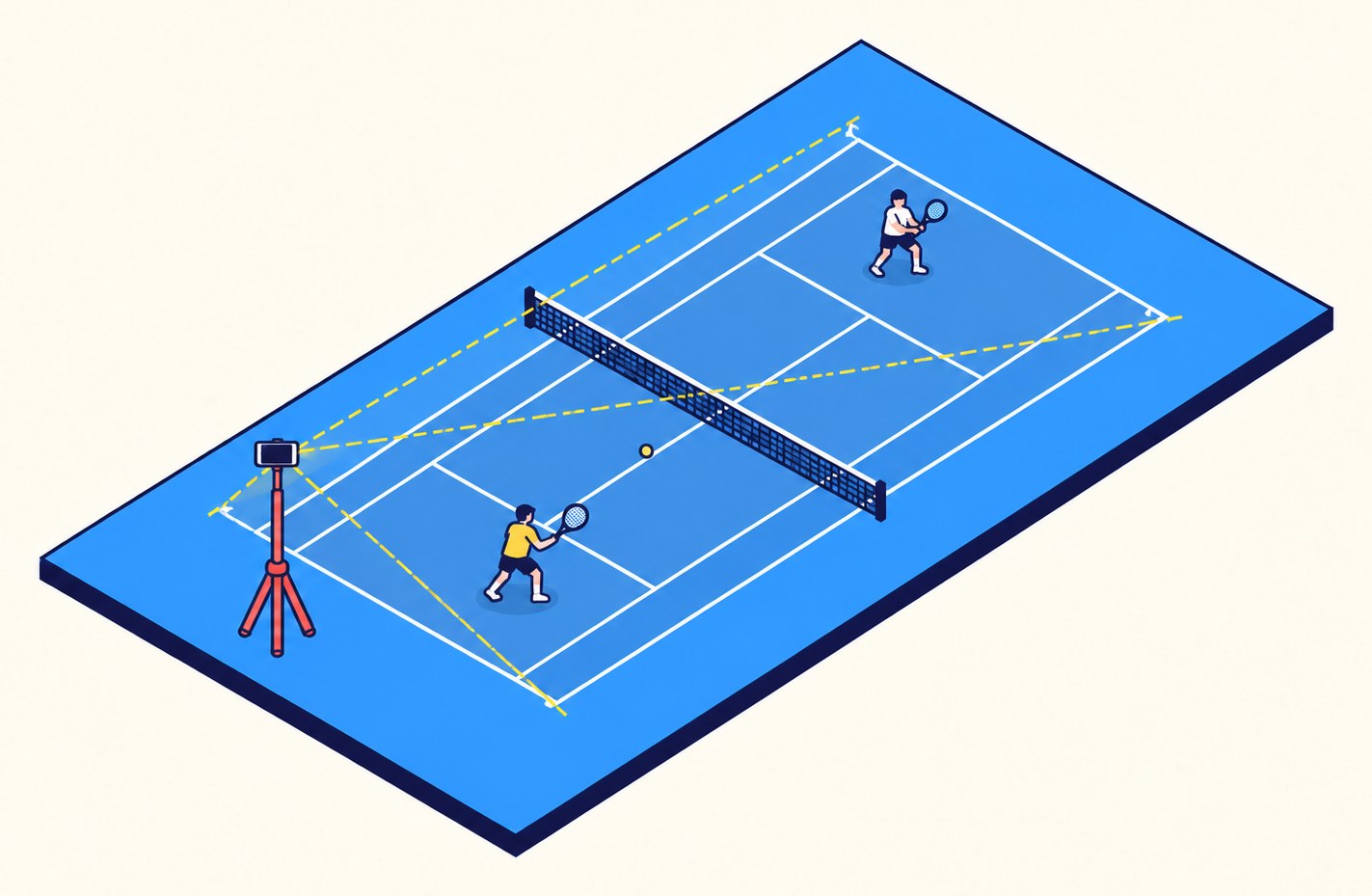 A phone clamped high on the fence behind the baseline, with the whole court in frame